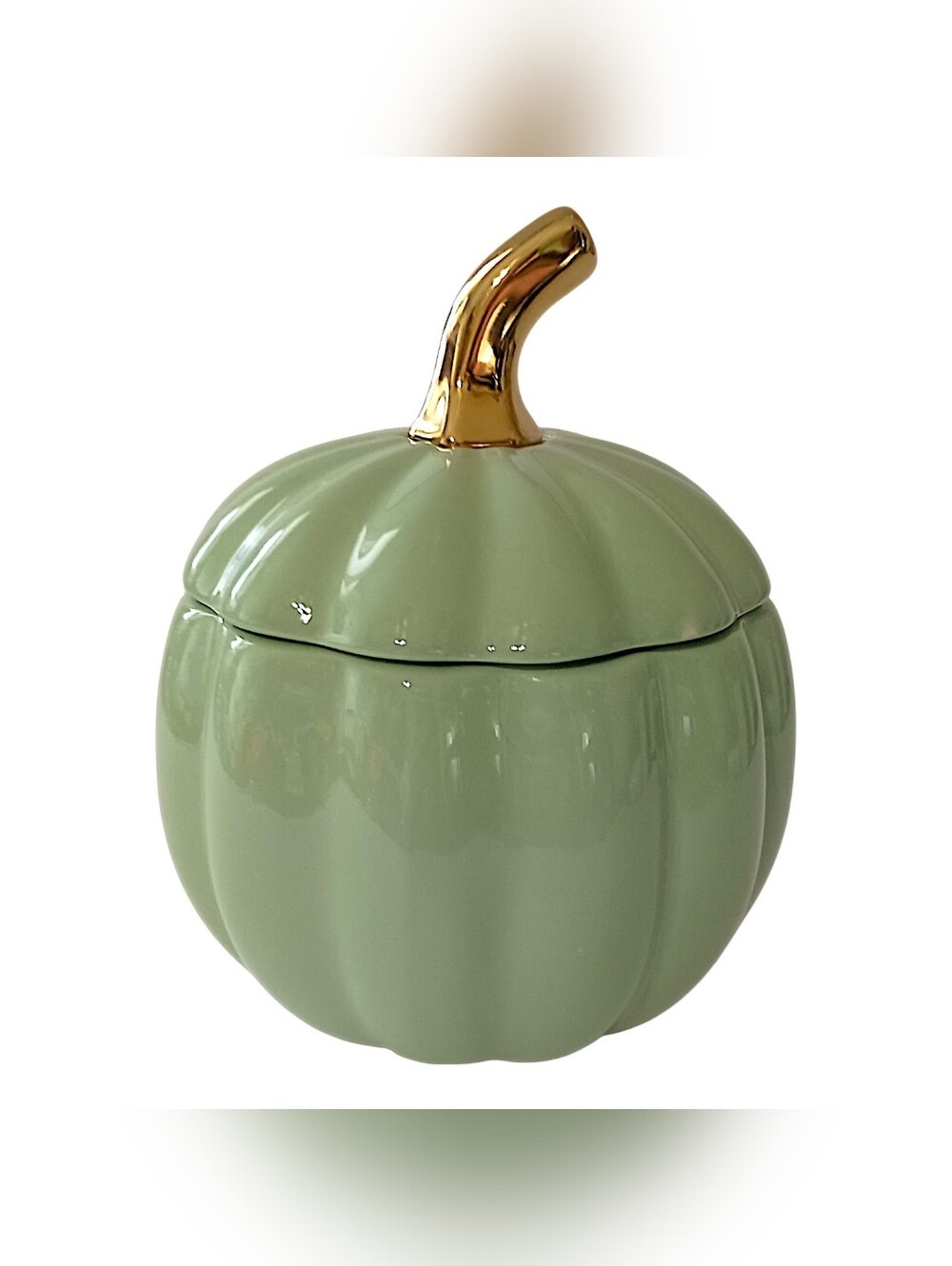 Martha Stewart Pumpkin Canister Sage Green Gold Ceramic Fall Harvest Candy Dish - Picture 8 of 16
